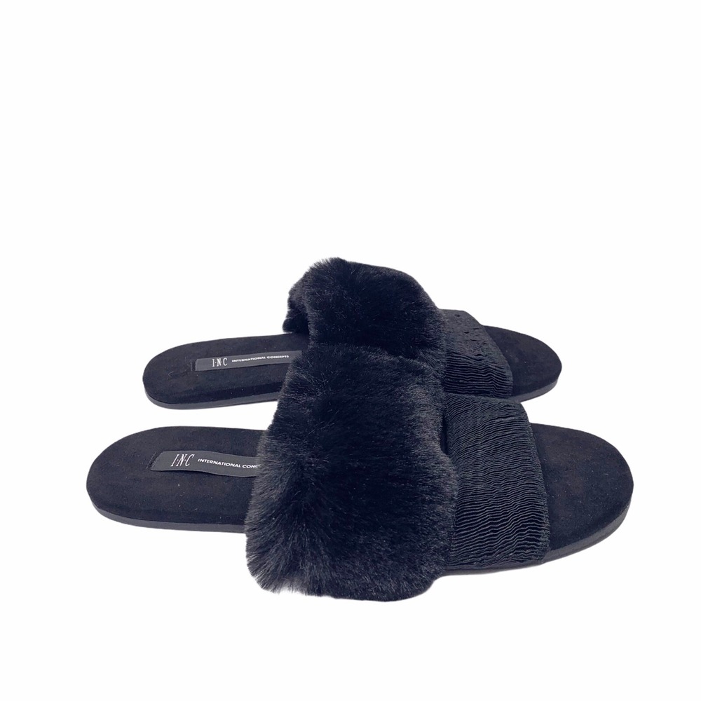 NEW‎ INC Black Double Band Faux Fur Slides Small 5-6 Cozy Chic House Slippers